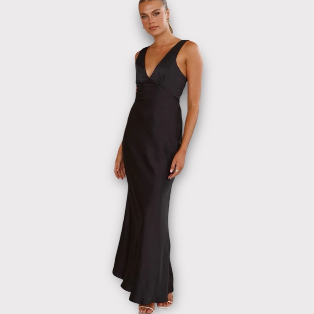 Amsale Leif black satin plunging v neck maxi dress